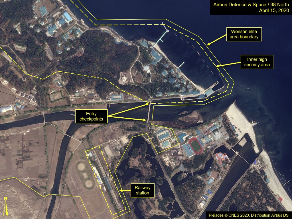 This satellite image taken on April 15, 2020, and provided by Airbus Defence & Space and annotated by 38 North, a think tank specialized in North Korea's studies, shows the resort town of Wonsan. A train likely belonging to North Korean leader Kim Jong Un has been spotted at a resort town in the country's east, satellite photos reviewed by 38 North showed, as speculation persists over his health. - The train was parked at a station reserved for the Kim family in Wonsan on April 21 and April 23, the respected 38North website said in a report published Saturday. 38North cautioned that the train's presence 